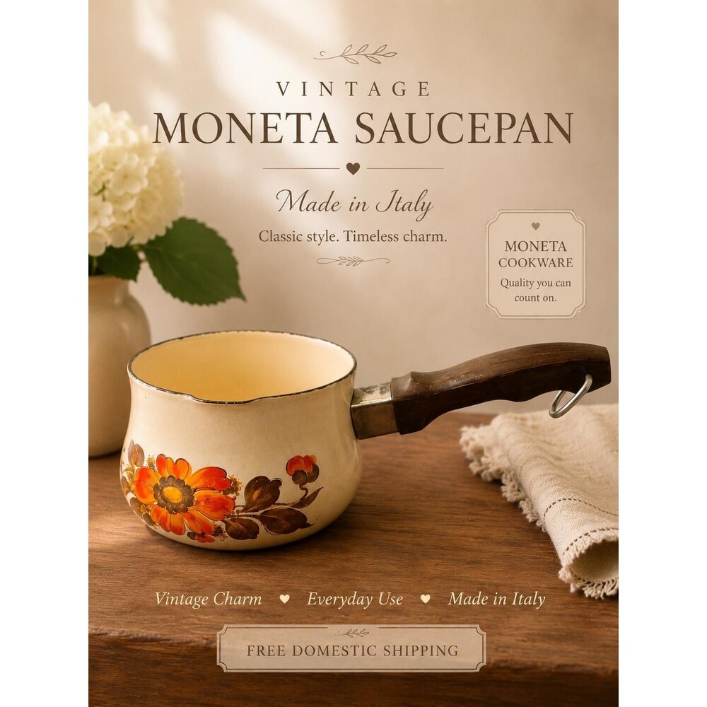 Vintage Moneta Made in Italy Enamel Saucepan | Mid-Century Floral Pan with Wood